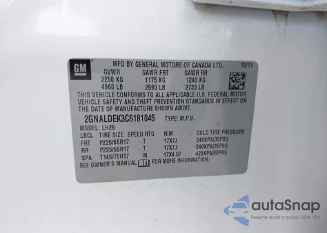 2012 Chevrolet Equinox 1Lt из США, поврежденный, VIN 2GNALDEK3C6181045